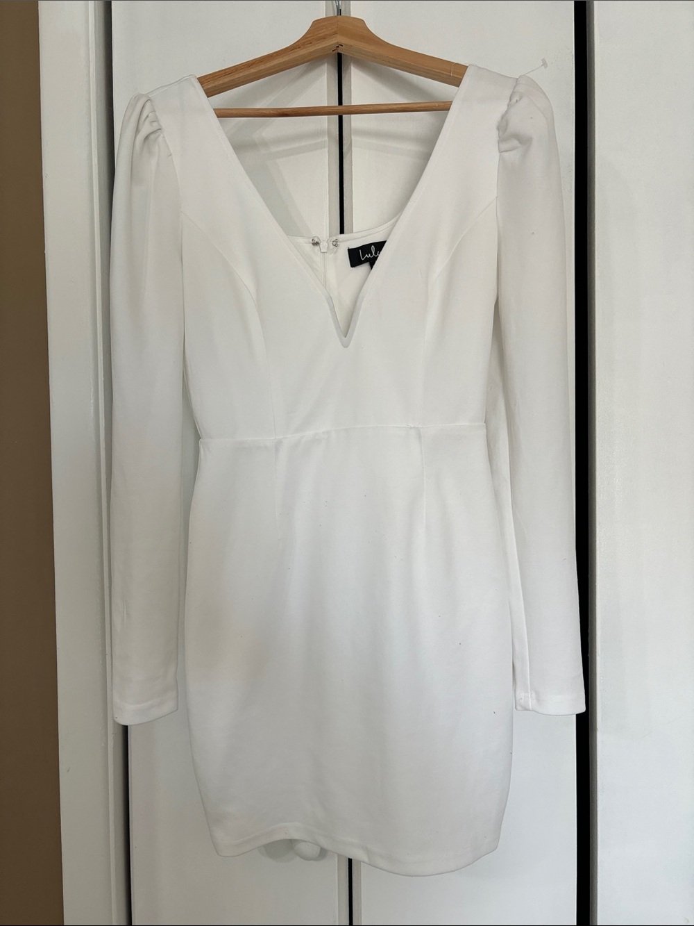 Lulus White Long-Sleeve V-Neck Mini Dress with Puff Shoulders